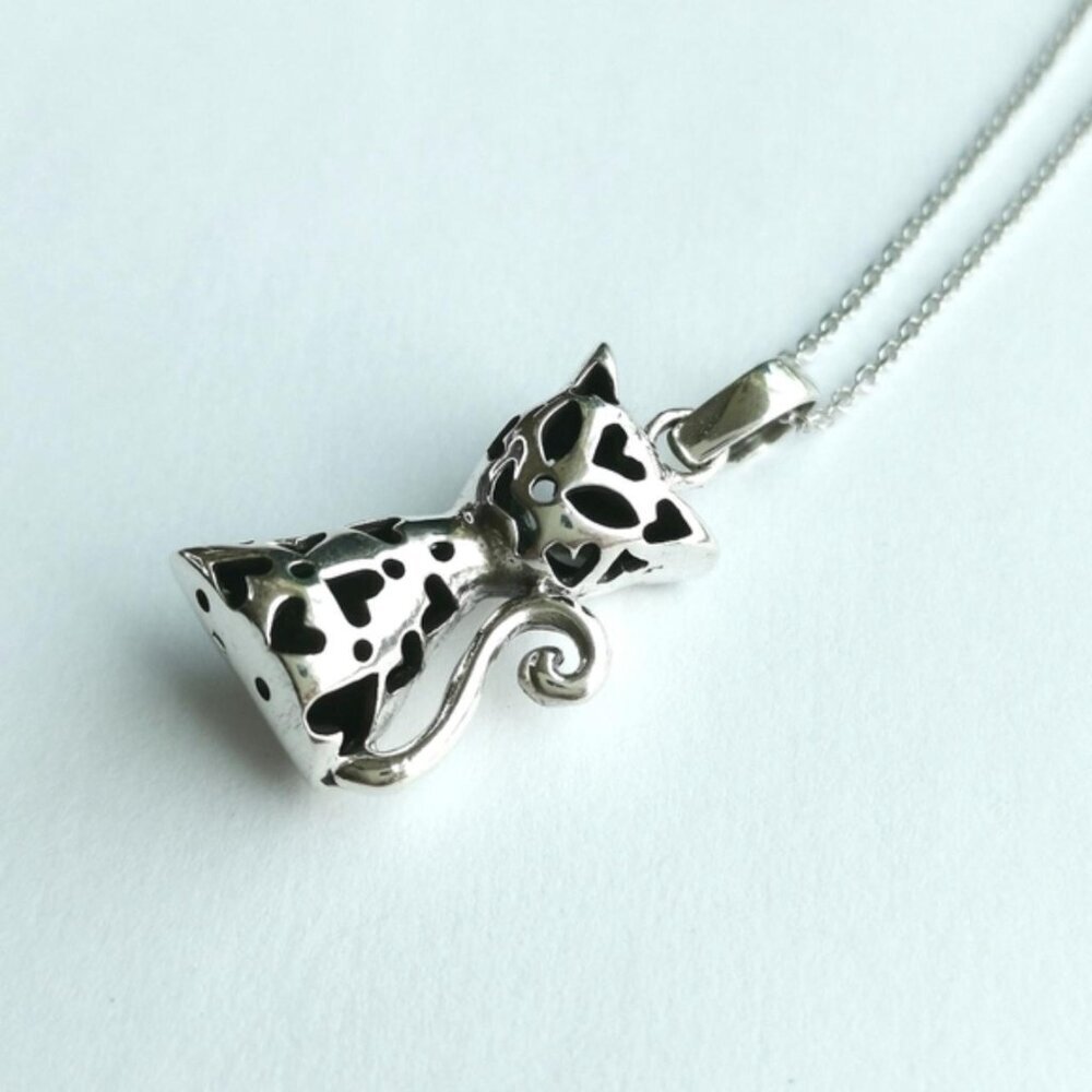 Sterling Silver Reversible Cat Pendant Necklace - Picture 6 of 8